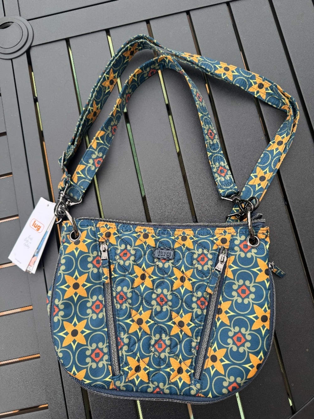 Lug Convertible Crossbody Bag - Teal Tiles and Sunflowers